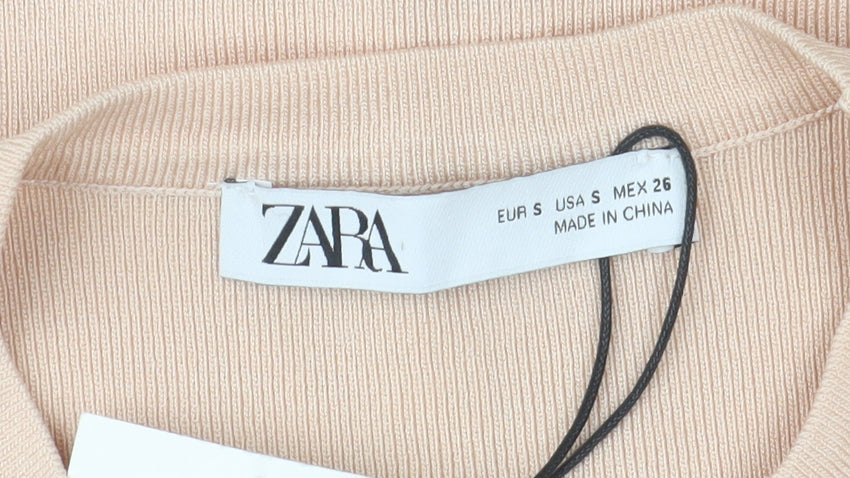 Zara Women Beige Knit Slim Fit Long Sleeve Crew Neck Blouse Size 8