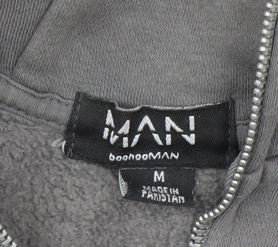 boohooMAN Men's Grey 1/2 Zip Hoodie M Logo Fleece Pullover