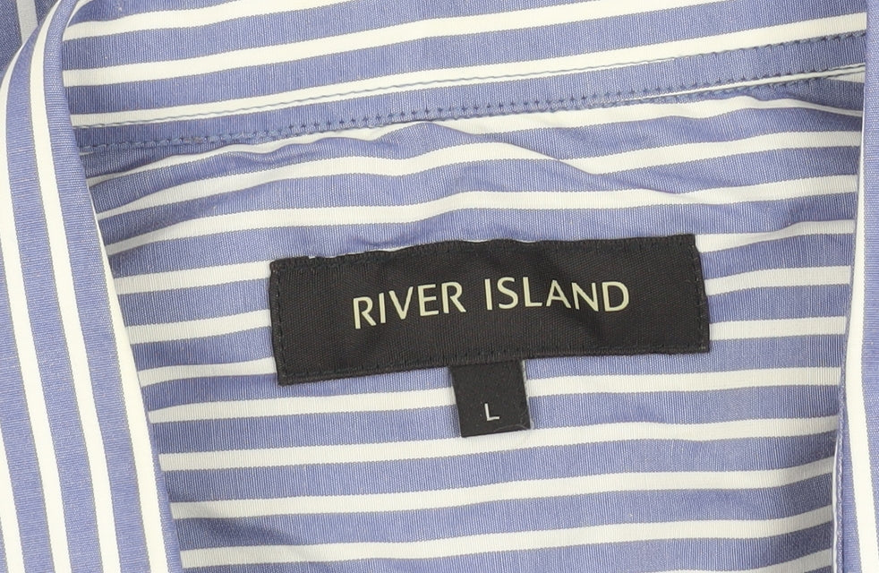River Island Men’s Blue Striped Long Sleeve Cotton Button-Up Shirt Size L