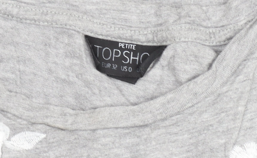 Topshop Petite Grey Floral Embroidered Cotton T-Shirt Size 4