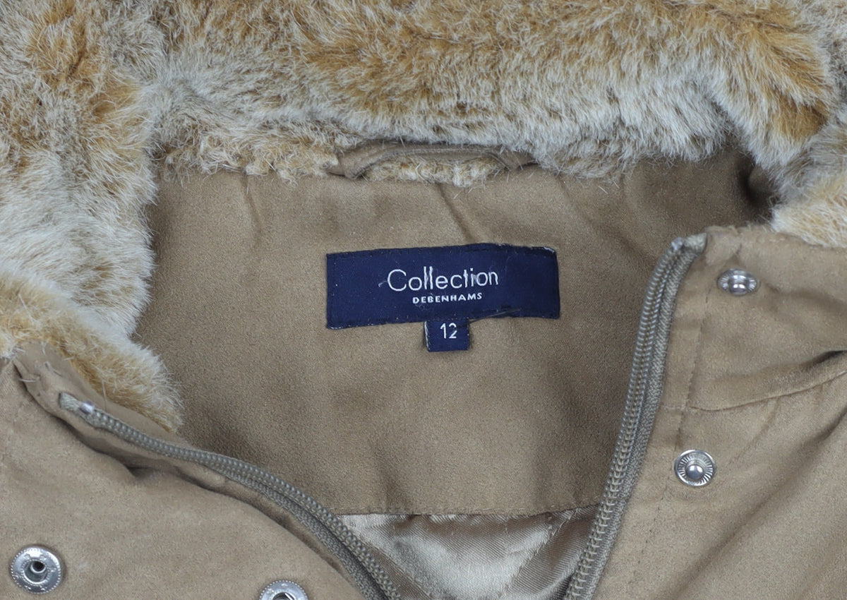 Debenhams Women Beige Faux Suede Faux Fur Hooded Parka Coat Size 12