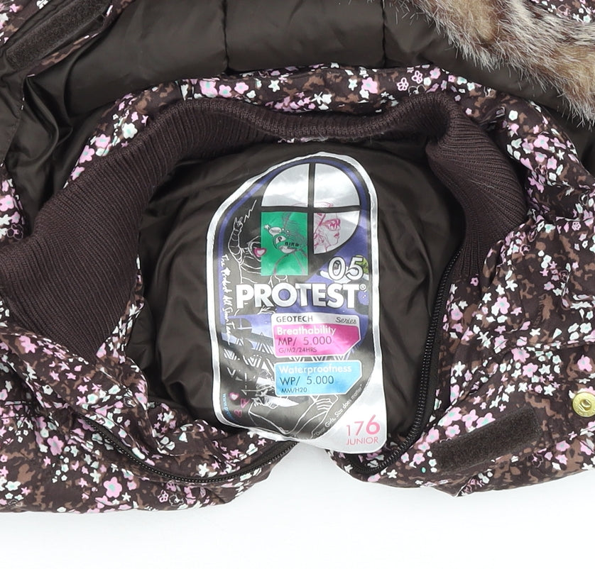 Protest Girls Brown Floral Hooded Waterproof Puffer Jacket Size 16 Years