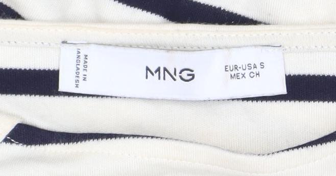 Mango Women's White Striped Boat Neck 3/4 Sleeve Cotton Top S