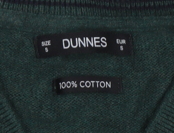 Brand and care label for Dunnes Men Green Cotton V-Neck Jumper, size S, Regular Fit