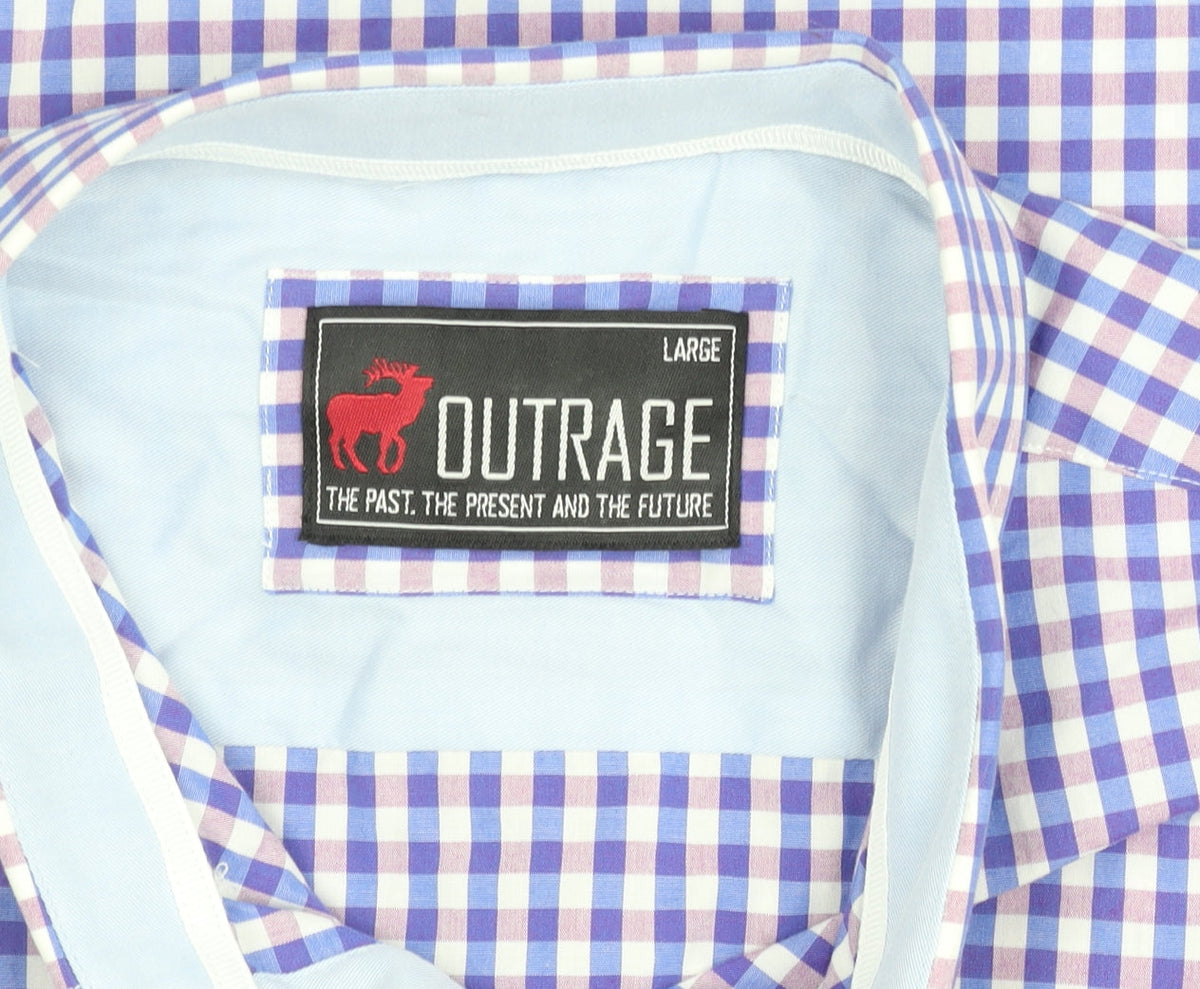 Outrage Men's Blue Check Cotton Long Sleeve Button-Up Shirt L