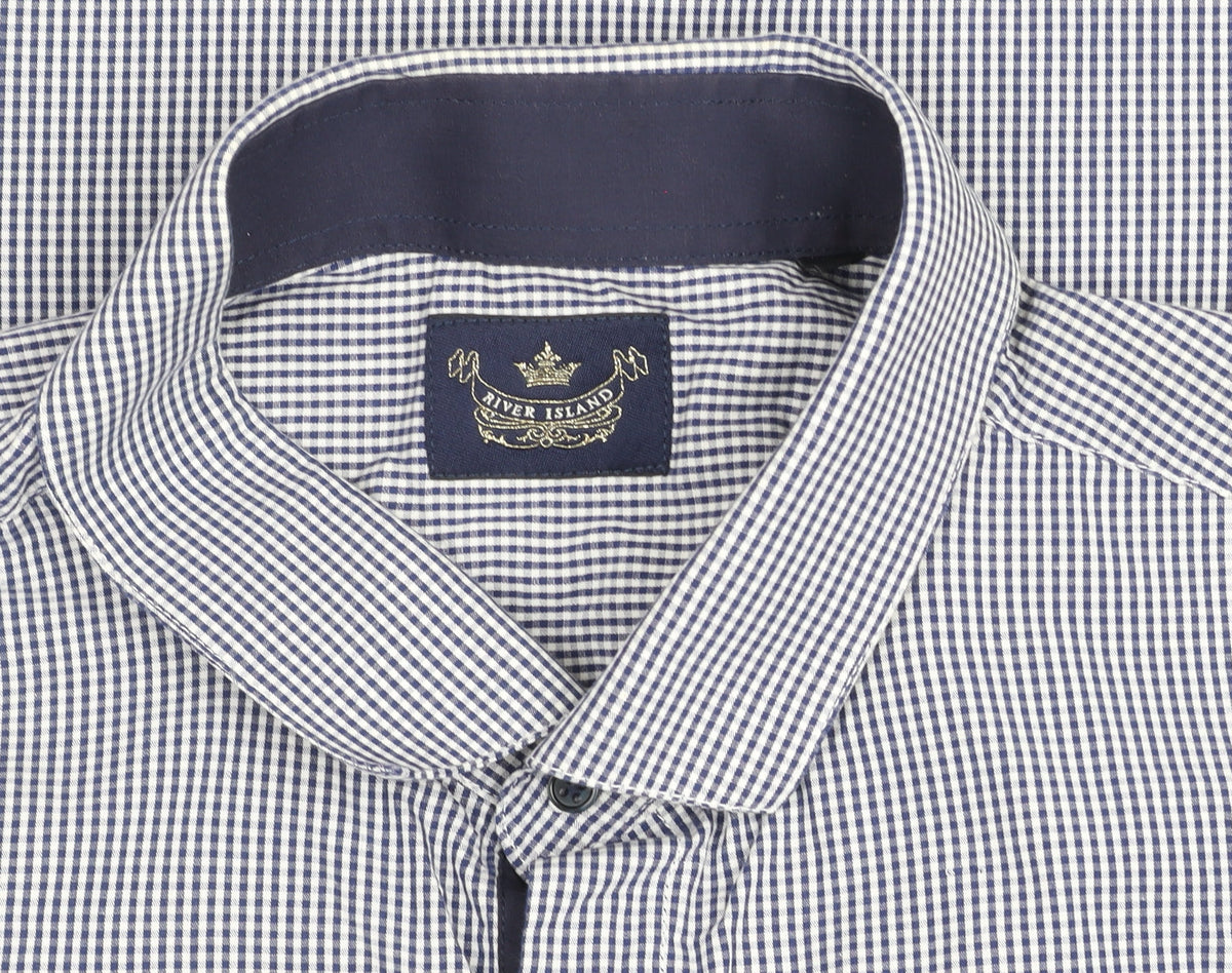 River Island Men's Blue Check Slim Fit Long Sleeve Shirt L