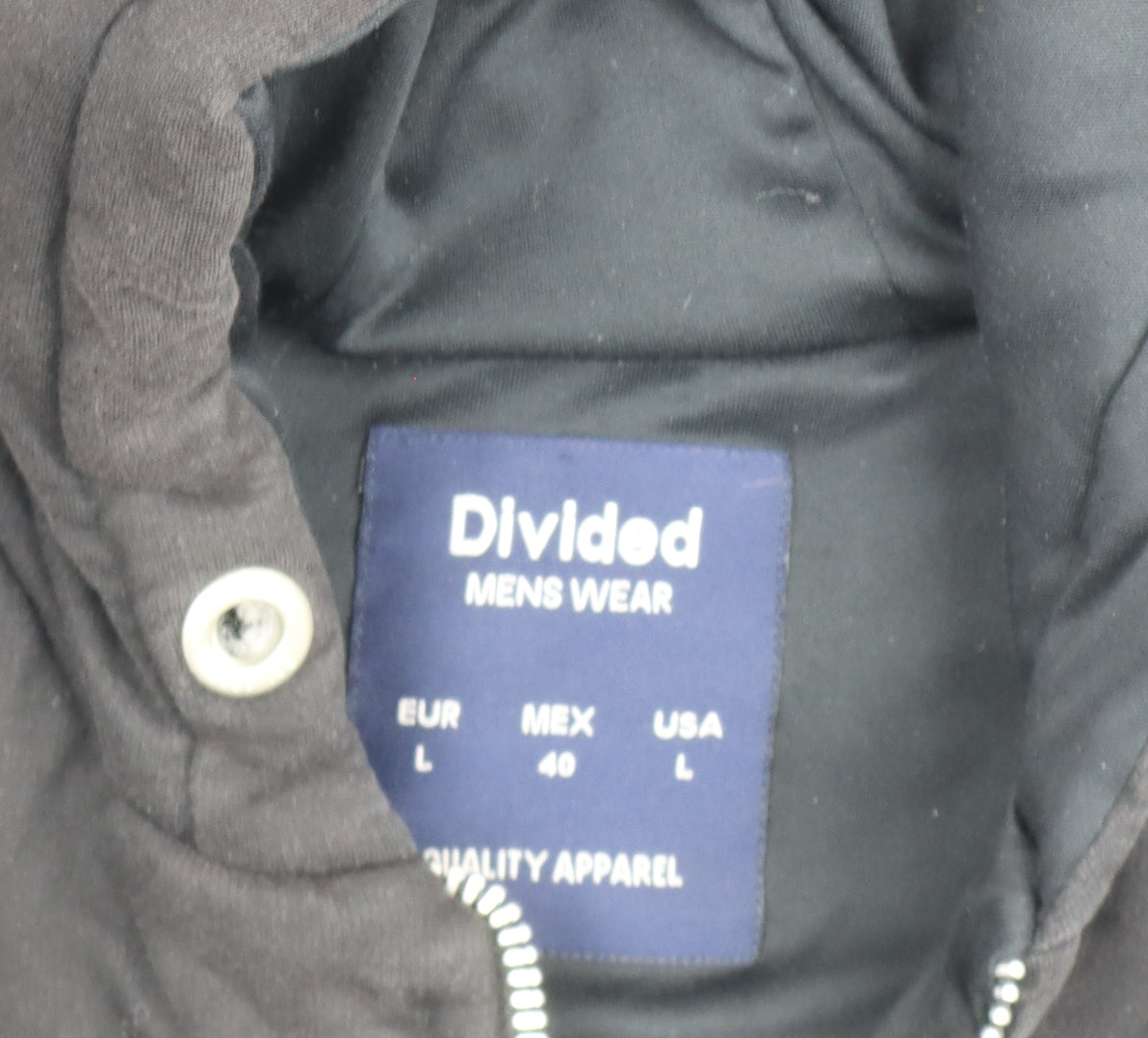 Divided Mens Black Hooded Bomber Jacket L Full Zip Embroidered Casual