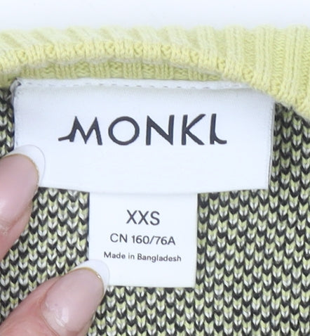 Monki Womens XXS Yellow Check Knit Face Graphic Cropped Jumper