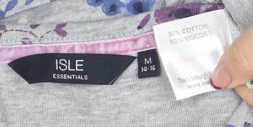ISLE ESSENTIALS Women's Grey Floral Henley T-Shirt Long Sleeve M