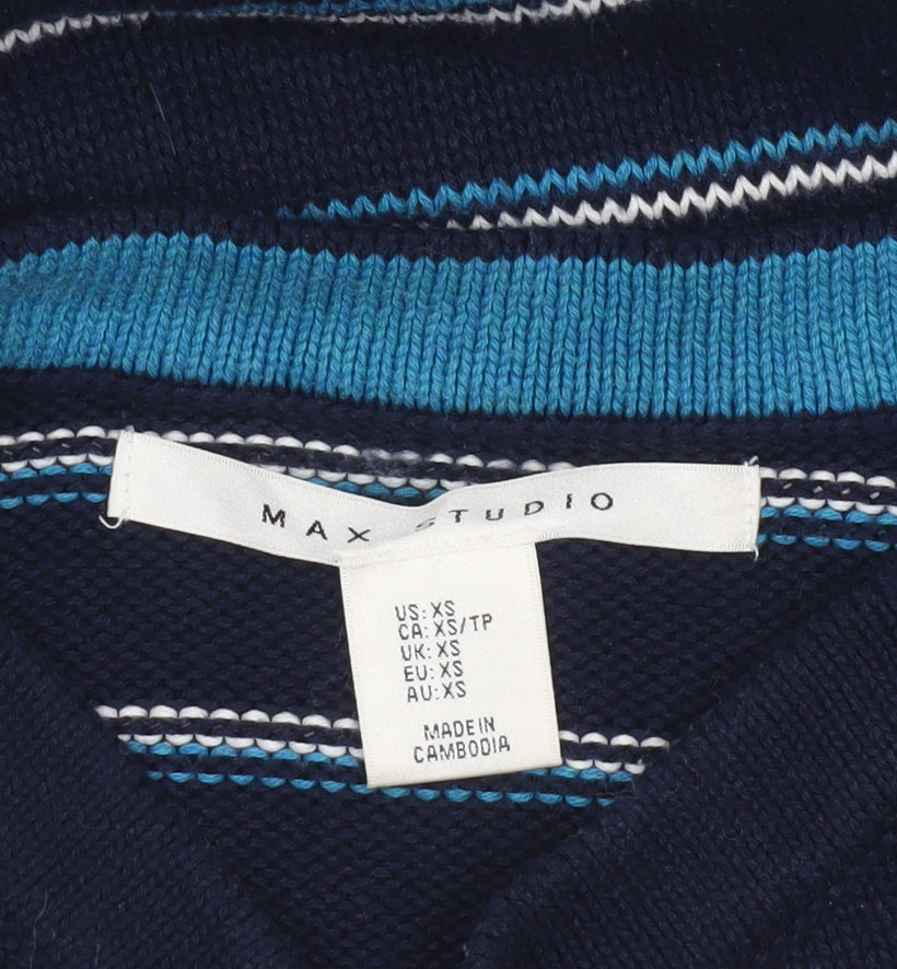 Max Studio Women's Blue Striped Cotton Boat Neck Button Jumper XS