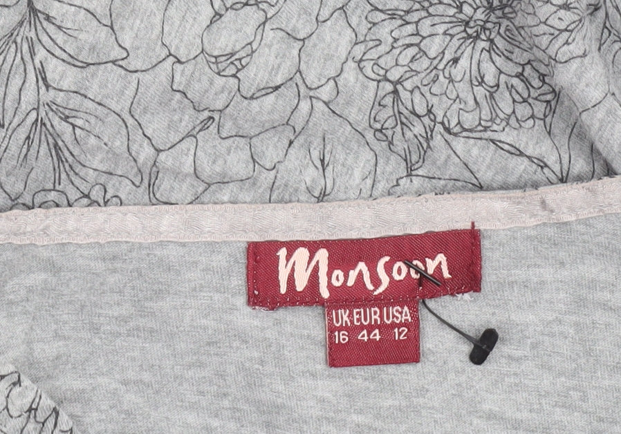 Monsoon Women’s Grey Floral Cotton V-Neck 3/4 Sleeve Jumper Size 16