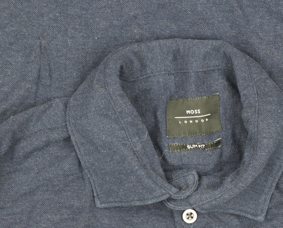 Moss London Men's Blue Slim Fit Long Sleeve Cotton Button-Up Shirt 15”