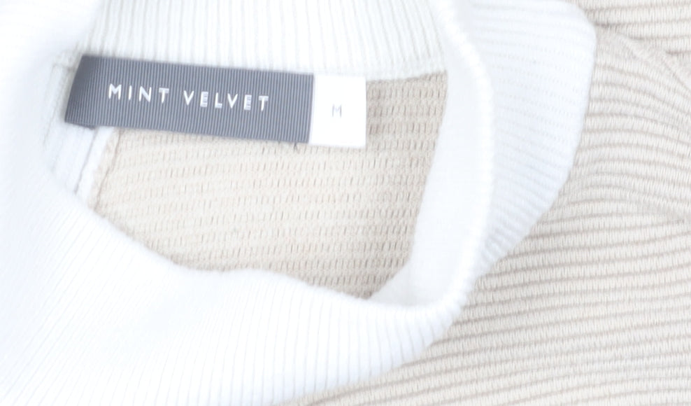 Mint Velvet Women's Beige White Mock Neck Button Sleeve Jumper Size M