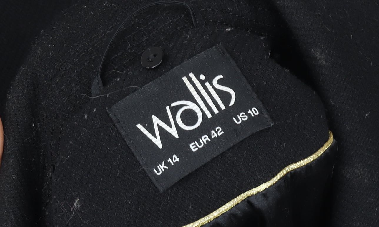 Wallis Women Black Wool Blend Mid-Length Zip Coat Size 14