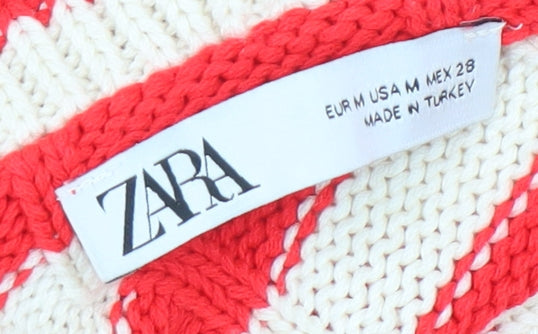 ZARA Womens Red Striped Collared Knit Button Cardigan Size 12