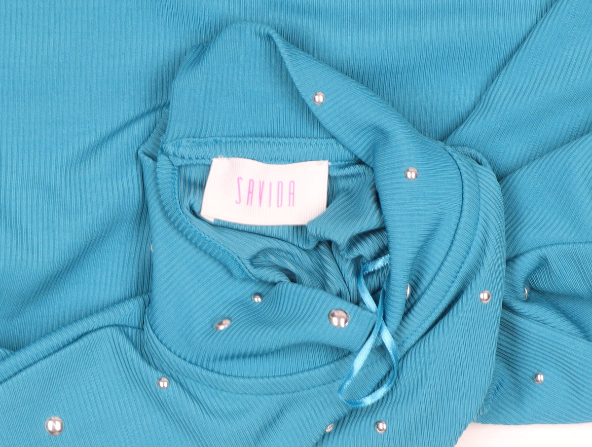 Savida Womens Blue Studded Mock Neck Long Sleeve Top Size L