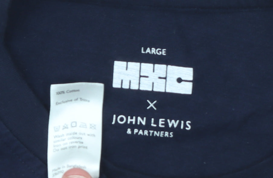 John Lewis & Partners Men's Blue Art Graphic Cotton Crew Neck T-Shirt Size L