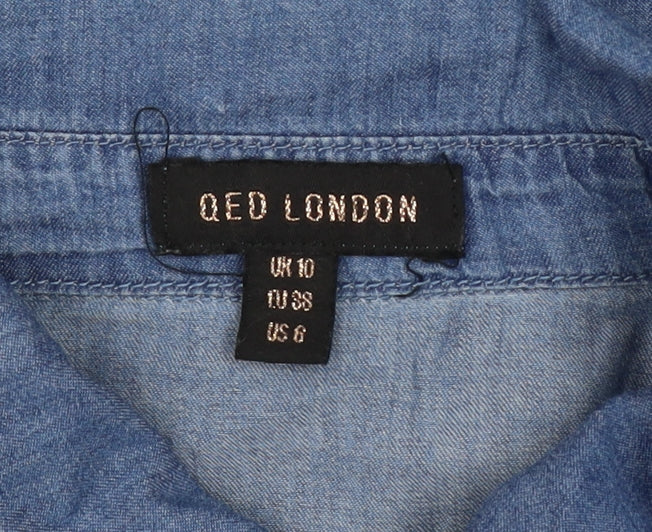 QED London Women Blue Puff Sleeve Chambray Button-Up Shirt Size 10