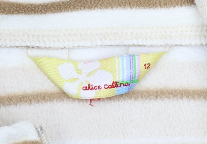 Alice Collins Womens Beige Striped Fleece Full Zip Jacket Size 12