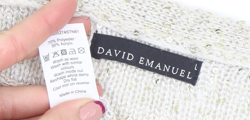 David Emanuel Womens Ivory Sequin Knit Pullover Jumper Size L