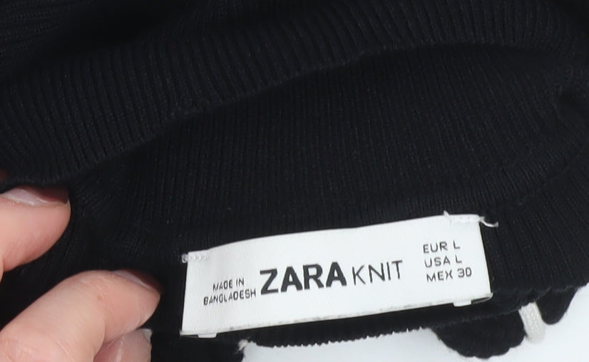 Zara Women Black High Neck Full Zip Knit Jumper Size 14