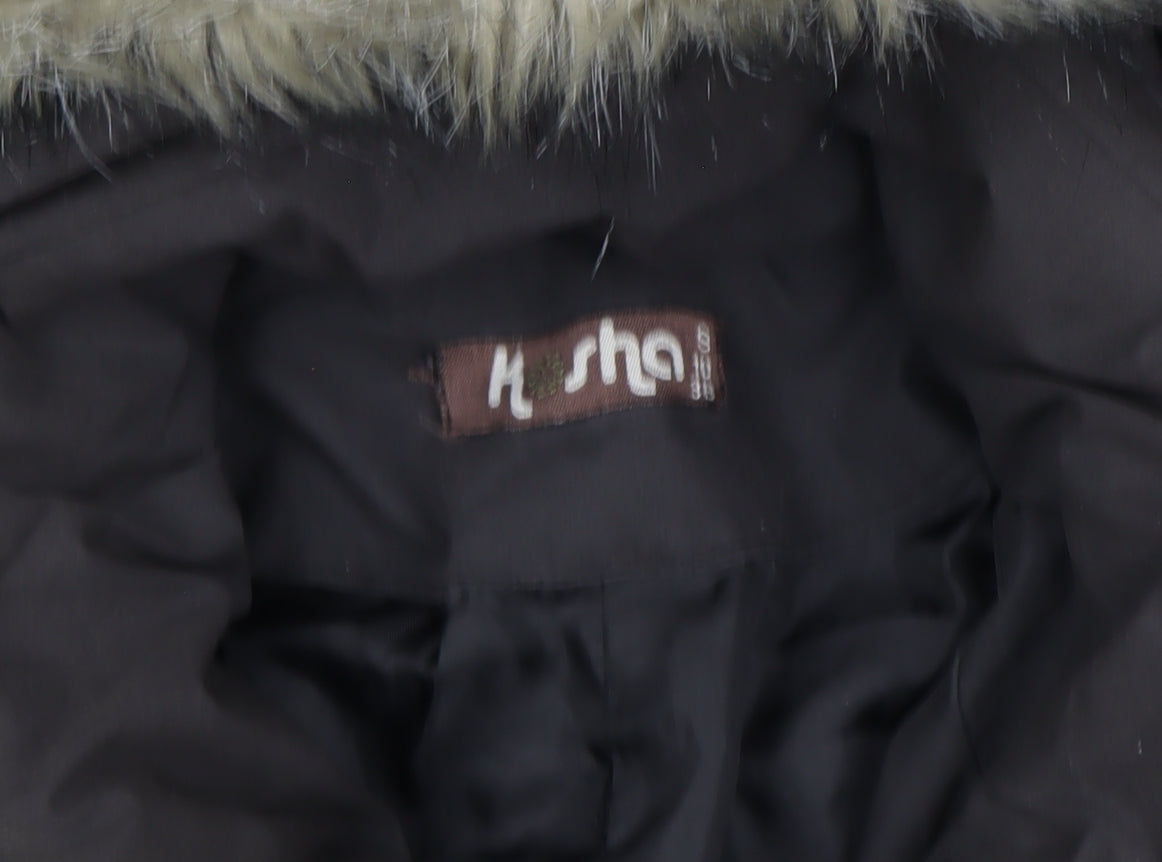 Kasha Women Black Long Puffer Coat Size 10 Hooded Fur Trim