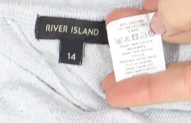 River Island Women’s Silver Knit V-Neck 3/4 Sleeve Blouse Size 14