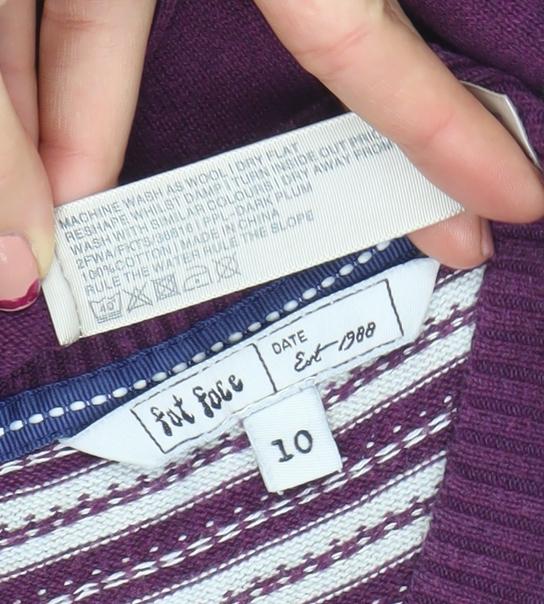FatFace Women’s Purple Striped Tunic Jumper Size 10 Cotton Crew Neck