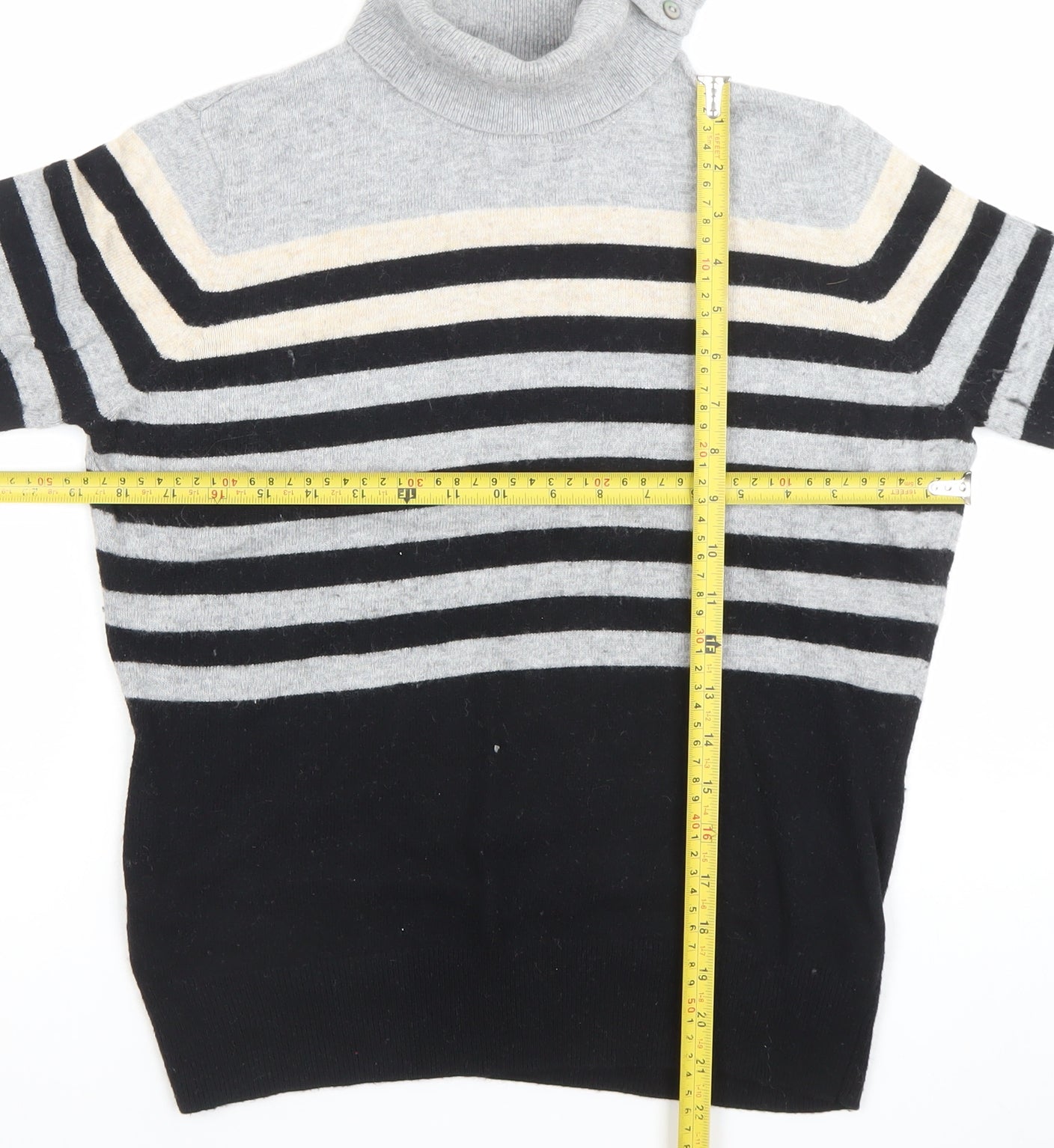 Country Casuals Women Grey Black Striped Roll Neck Long Sleeve Jumper M