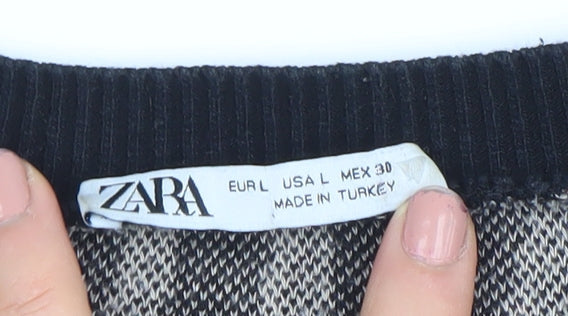 Zara Women Black Beige Zebra Print Cropped Knit Top L