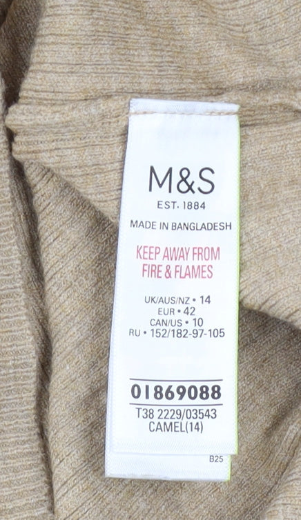 Marks & Spencer Women Beige Ribbed Mock Neck Long Sleeve Jumper Size 14