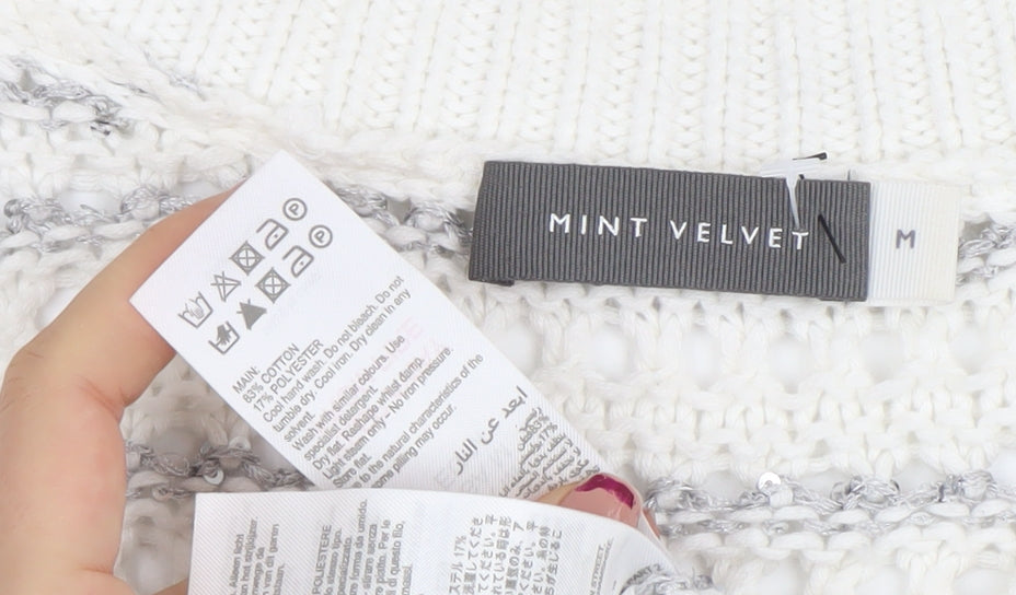 Mint Velvet Womens White Sequin Open-Knit V-Neck Jumper Size M