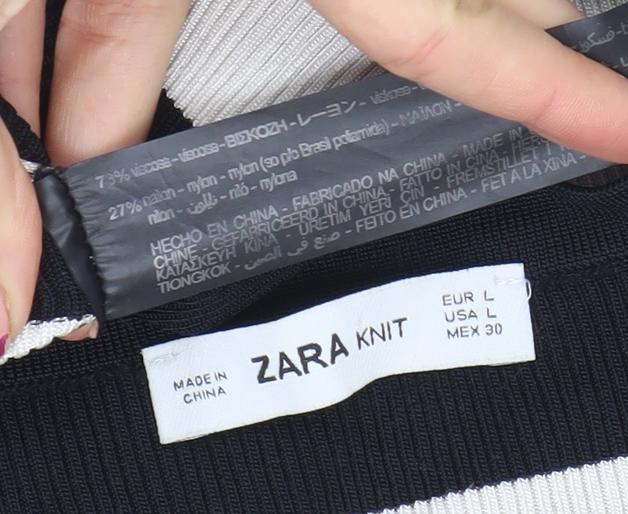 Zara Women Black White Striped Knit Short Sleeve T-Shirt L