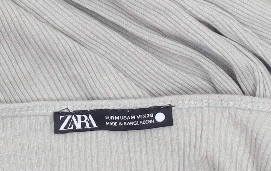 ZARA Women Grey Cropped Long Sleeve Scoop Neck Ribbed Top M