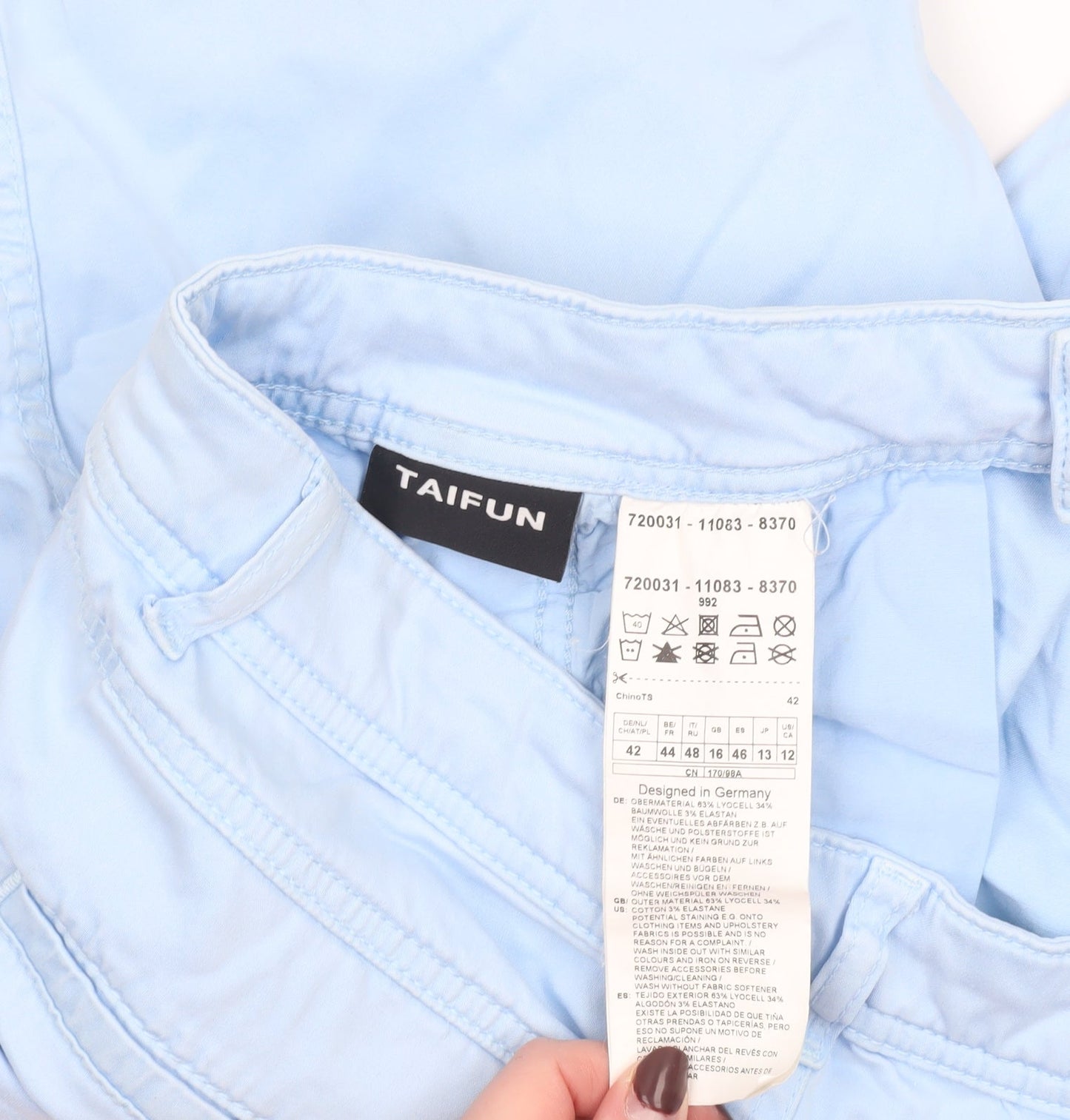 Taifun Women's Blue Cotton Chino Trousers Size 14 Regular Fit