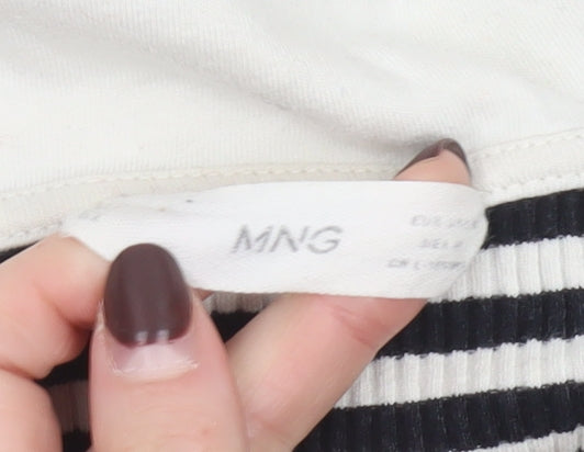 Mango Women's Black Stripe Collared Long Sleeve Cotton Top M