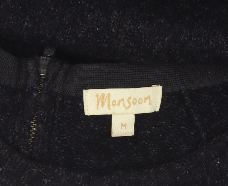 Monsoon Women Black Wool Blend Tunic Jumper M 3/4 Sleeve Boat Neck