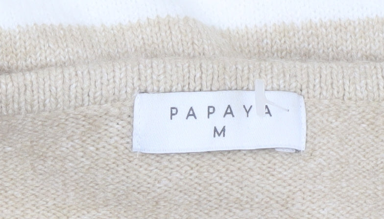 Papaya Women Beige Striped V-Neck Knit Jumper Size M