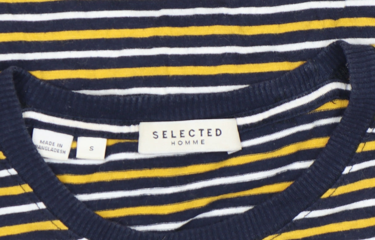 SELECTED HOMME Unisex Navy Yellow Striped Cotton Crew T-Shirt Size S