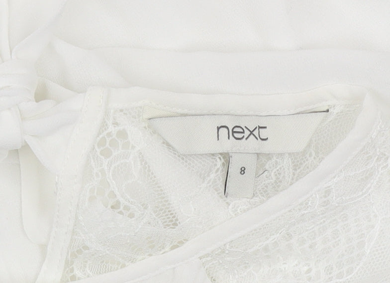 Next Women White Lace Bow Long Sleeve Tunic Blouse Size 8