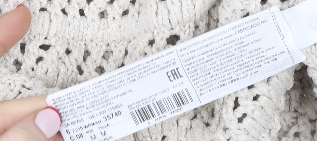 Mango Women Beige Open Knit V-Neck Cotton Jumper Size M