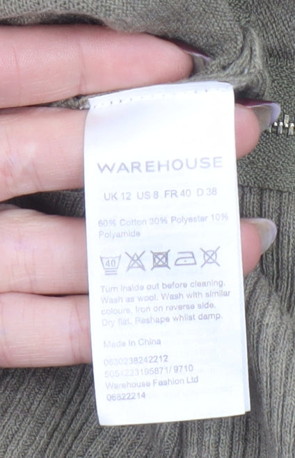 Warehouse Women’s Green Relaxed V-Neck Knit Top Size 12 with Zip Detail