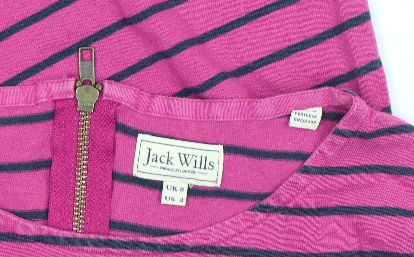 Jack Wills Women Pink & Navy Striped Shift Dress UK 8 Long Sleeve Cotton
