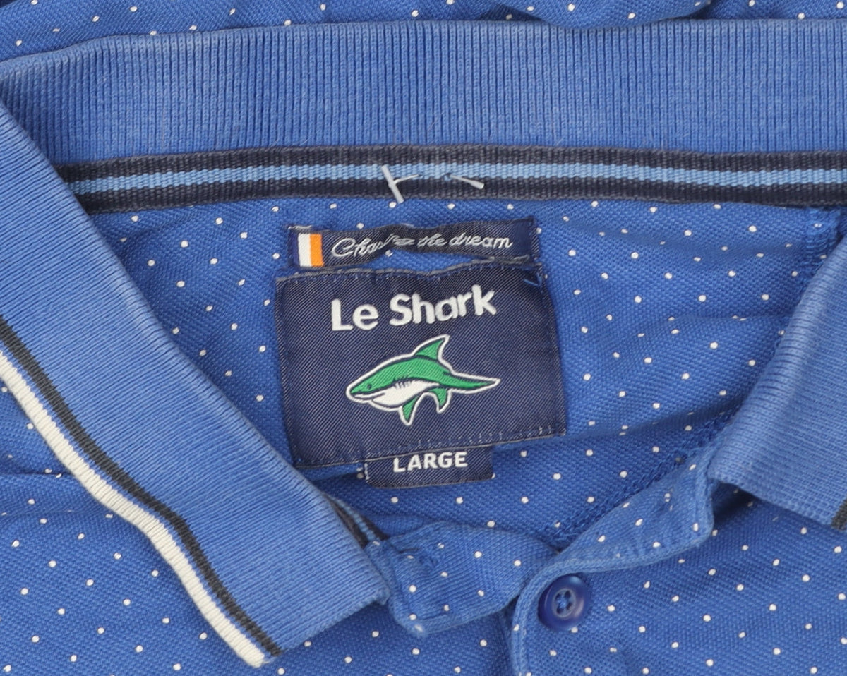 Le Shark Men Blue Polka Dot Polo Shirt Size L Short Sleeve Cotton
