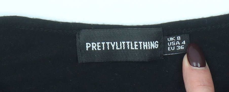 PRETTYLITTLETHING Women’s Black Cropped Long Sleeve Cotton Top Size 8
