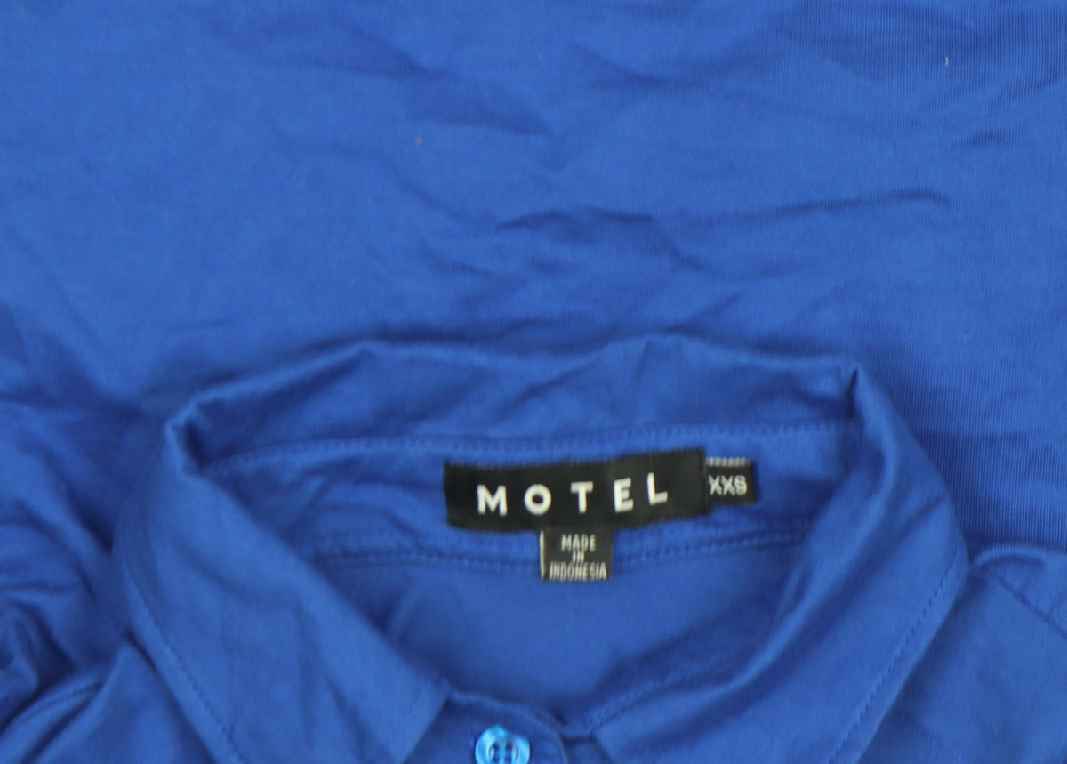 Motel Rocks Women's Blue Cropped Button-Up Long Sleeve Collared Shirt 2XS