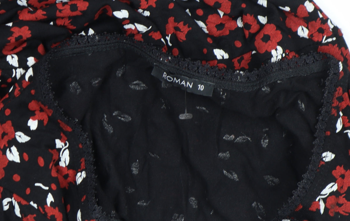 Roman Women’s Black Floral Fit & Flare Dress Size 10 Long Sleeve
