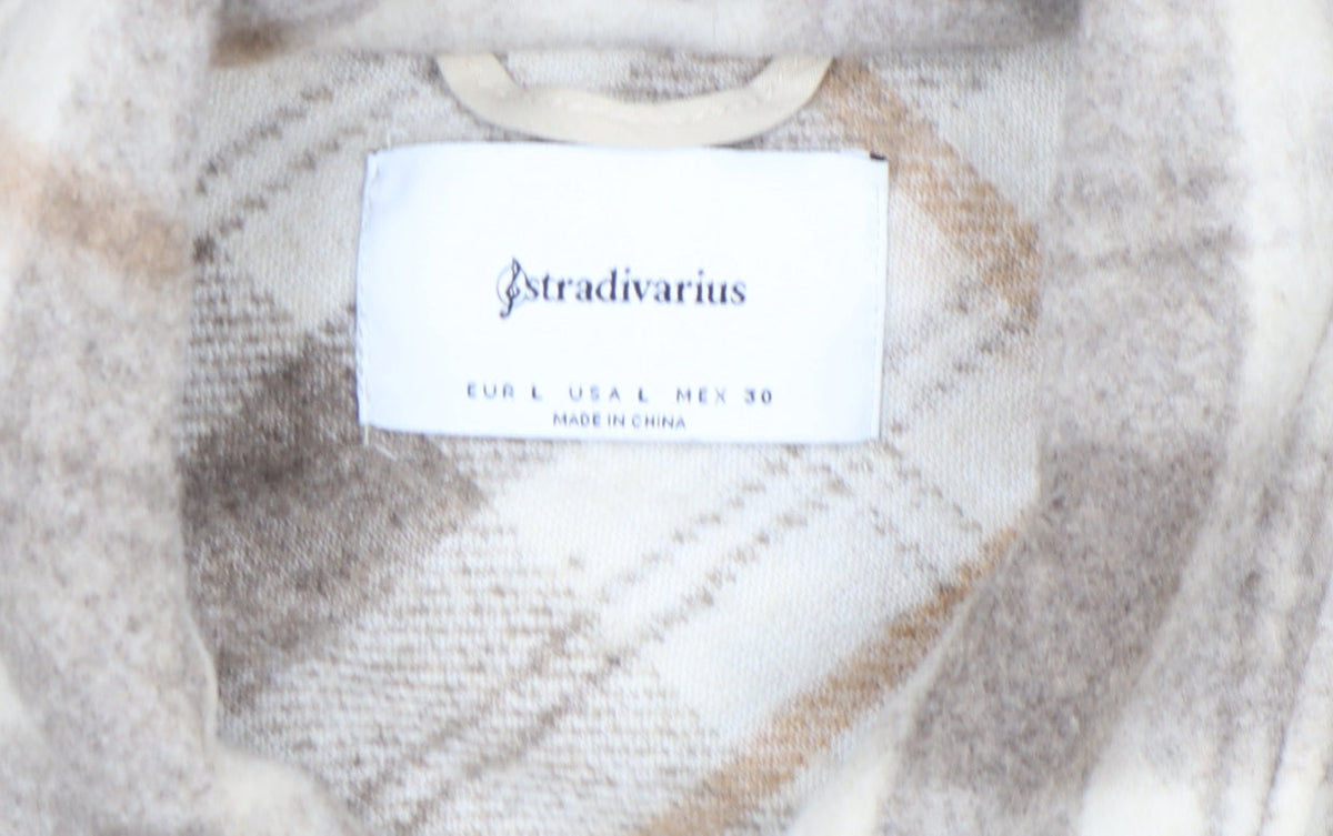 Stradivarius Women Beige Check Shacket Jacket Size 14 Lined Button Up