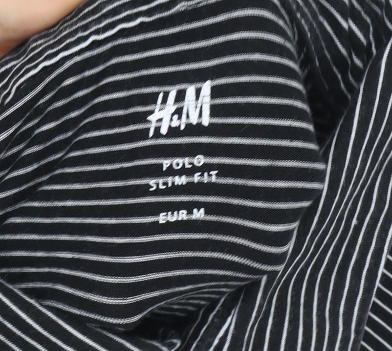 H&M Women Black Striped Polo Shirt M Slim Fit Short Sleeve