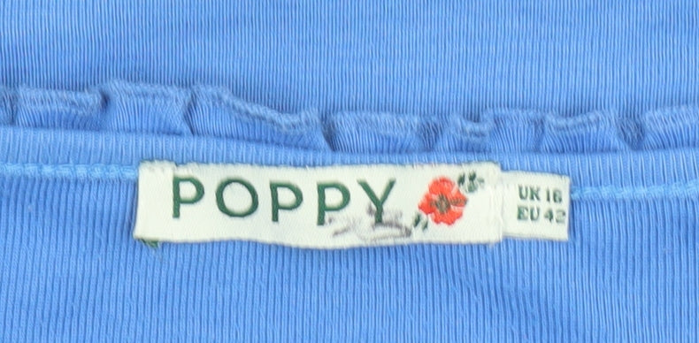 Poppy Womens Blue Ruffle Crew Neck Cotton Short Sleeve T-Shirt UK 16